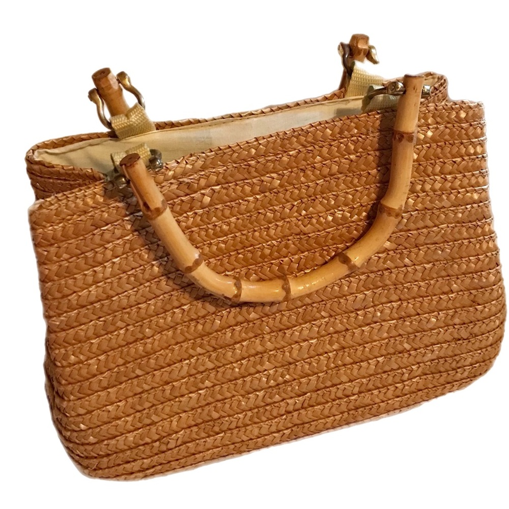 Vintage 100% Wheat Straw Ladies Handbag with Bamboo Handles